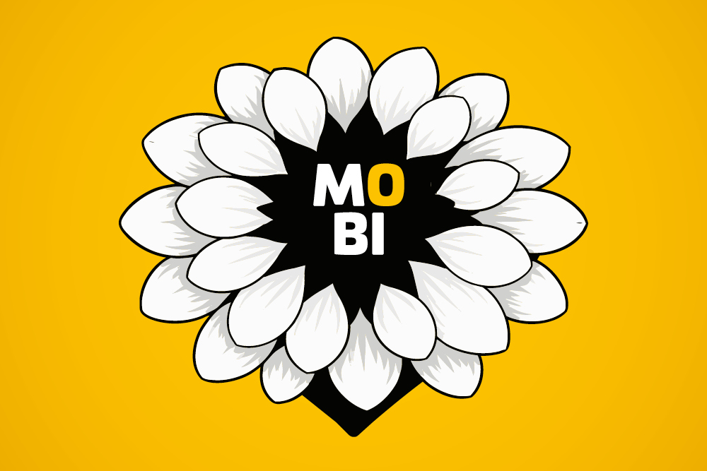 weiße Blütenblätter sprießen aus dem MOBI-Logo